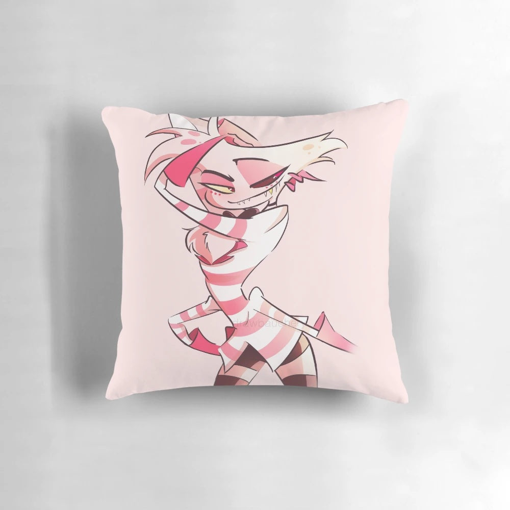 A plush and cozy pillow with a print inspired by the character "Angel Dust" from the popular web series Hazbin Hotel.