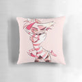 A plush and cozy pillow with a print inspired by the character "Angel Dust" from the popular web series Hazbin Hotel.