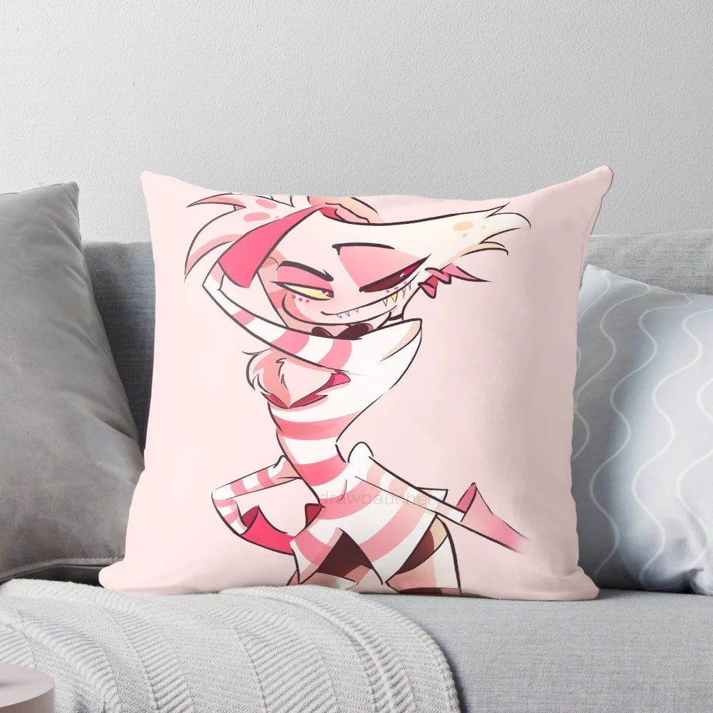 A plush and cozy pillow with a print inspired by the character "Angel Dust" from the popular web series Hazbin Hotel.