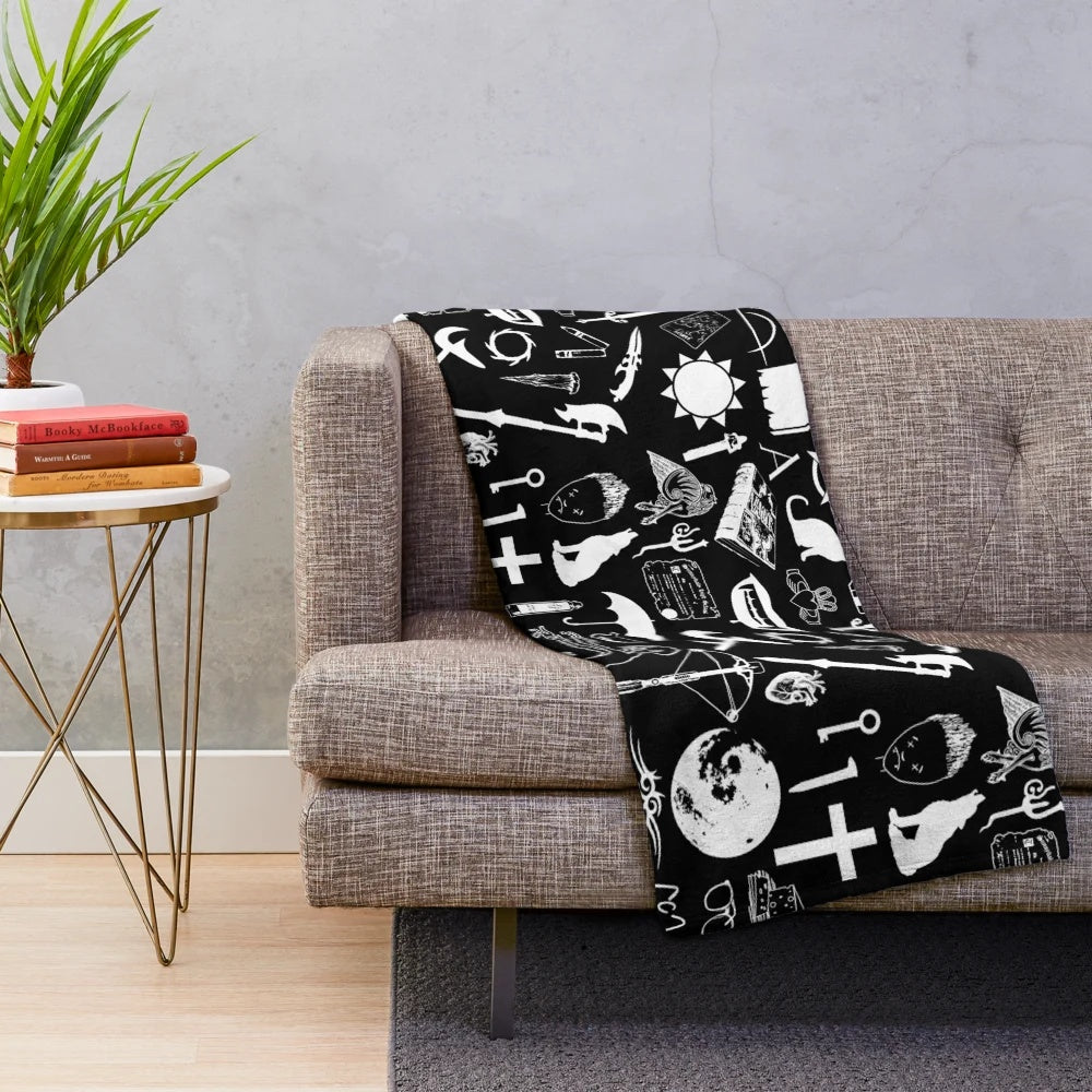 White plush blanket with Buffy the Vampire Slayer-inspired design