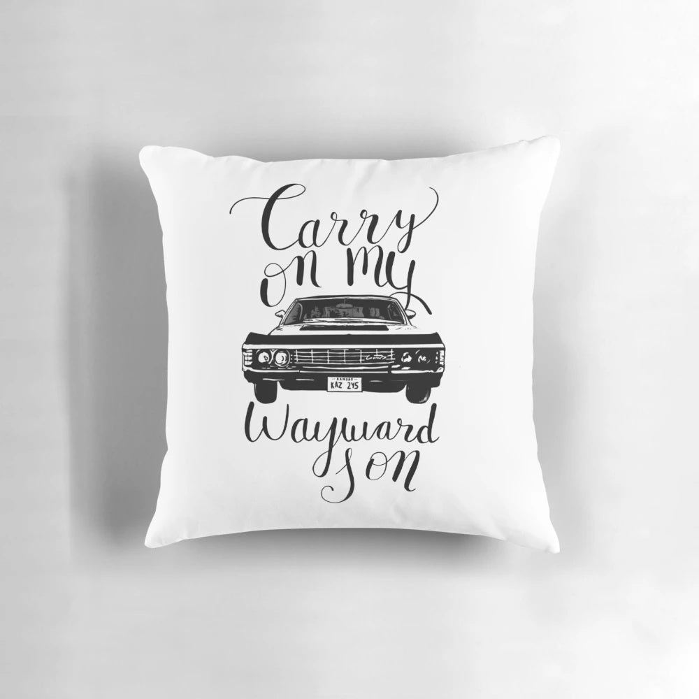 Supernatural-inspired 1967 Chevy Impala decorative pillow featuring the lyrics to "Carry On My Wayward Son