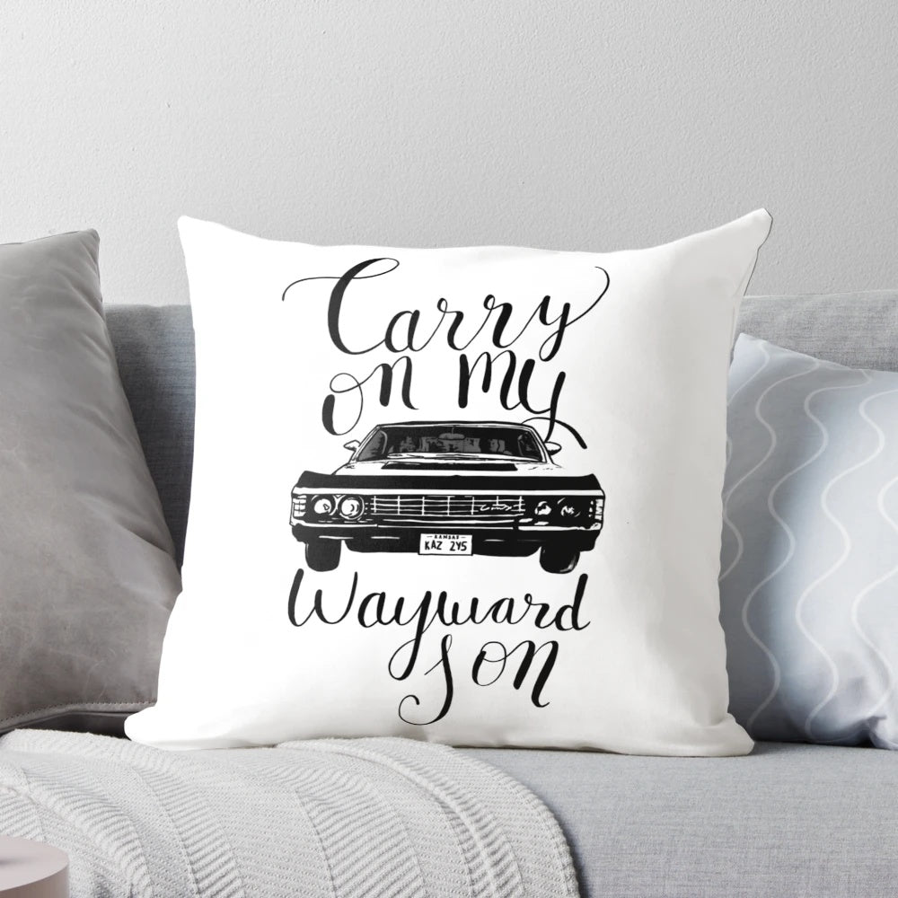 Supernatural-inspired 1967 Chevy Impala decorative pillow featuring the lyrics to "Carry On My Wayward Son