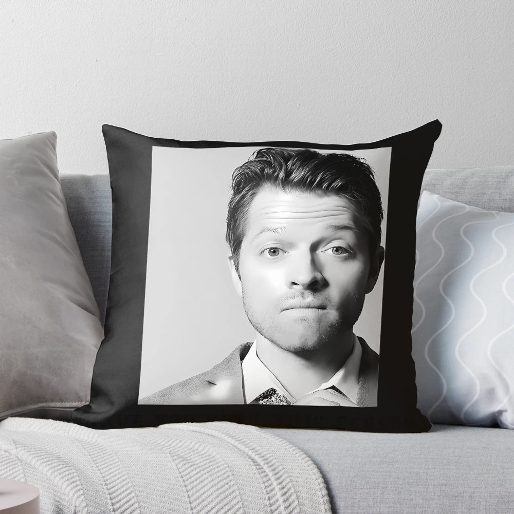 Soft, plush pillow featuring a portrait of Misha Collins as the beloved character Castiel from the hit TV series Supernatural.