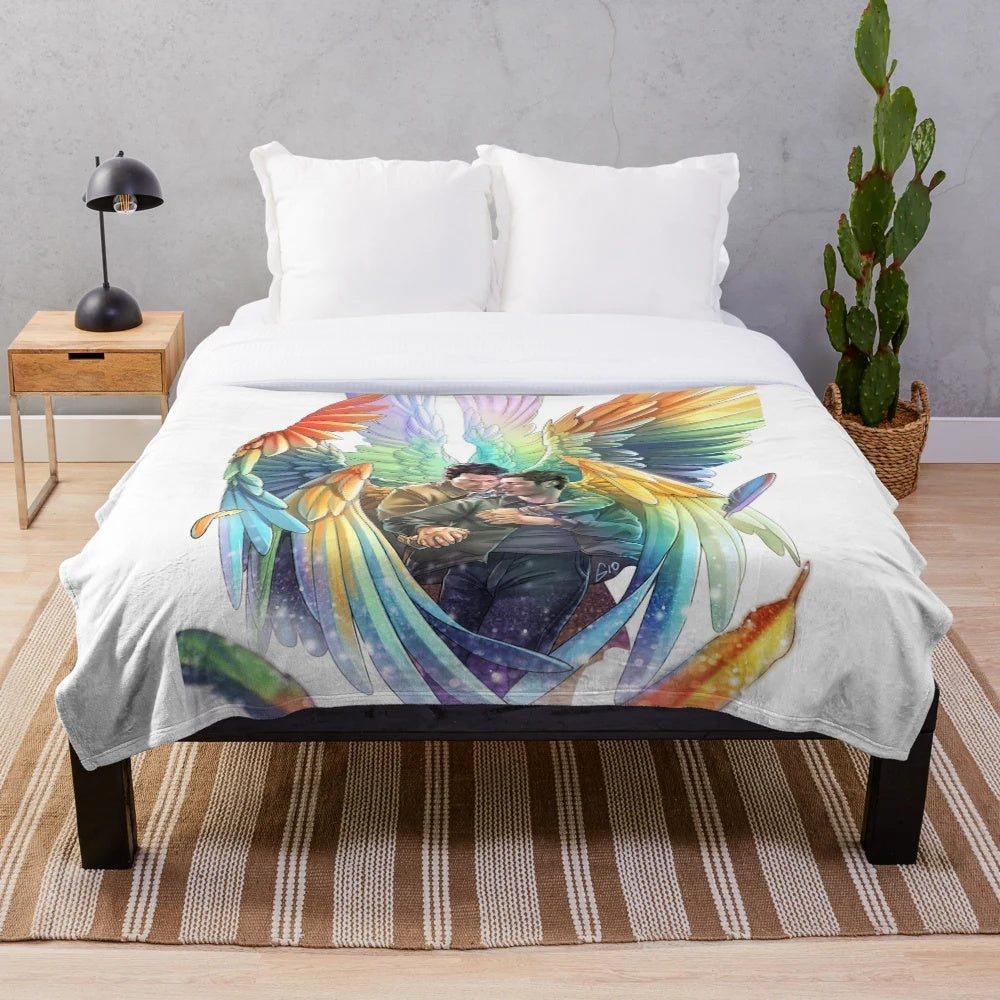 Supernatural Destiel inspired plush blanket with rainbow angel wings design