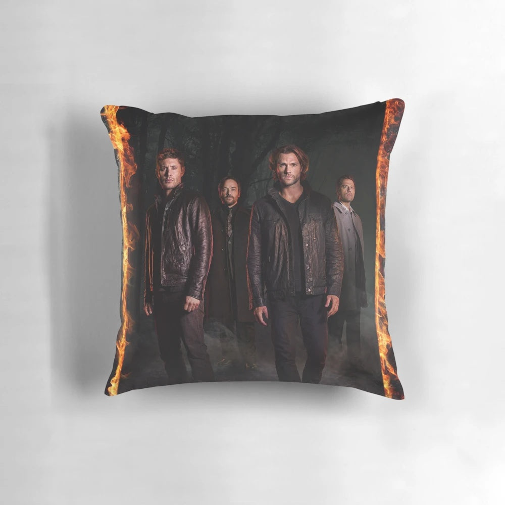 Supernatural-themed pillow with characters Jensen Ackles, Jared Padalecki, and Misha Collins