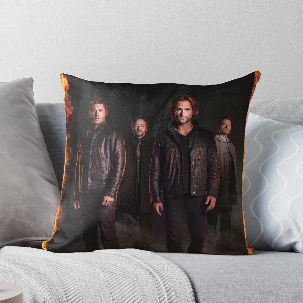 Supernatural-themed pillow with characters Jensen Ackles, Jared Padalecki, and Misha Collins