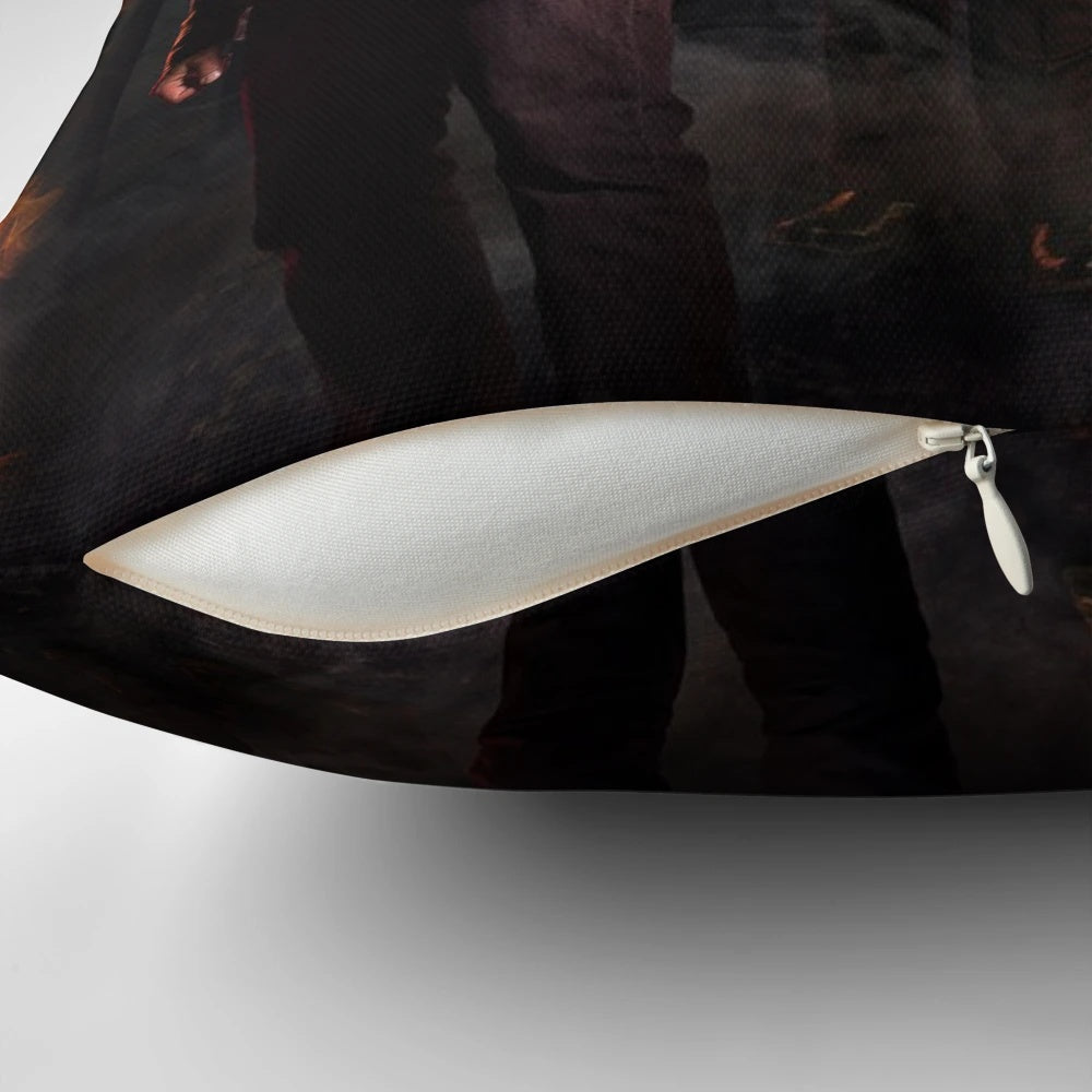 Supernatural-themed pillow with characters Jensen Ackles, Jared Padalecki, and Misha Collins