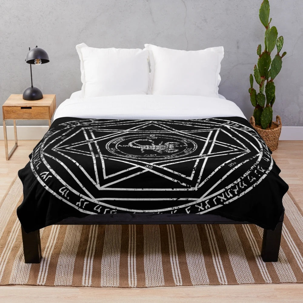 Supernatural-inspired aged plush blanket featuring a devil's trap design