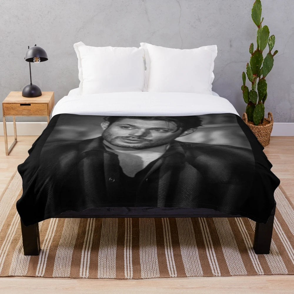 Black and white plush blanket inspired by the TV series Supernatural and actor Jensen Ackles