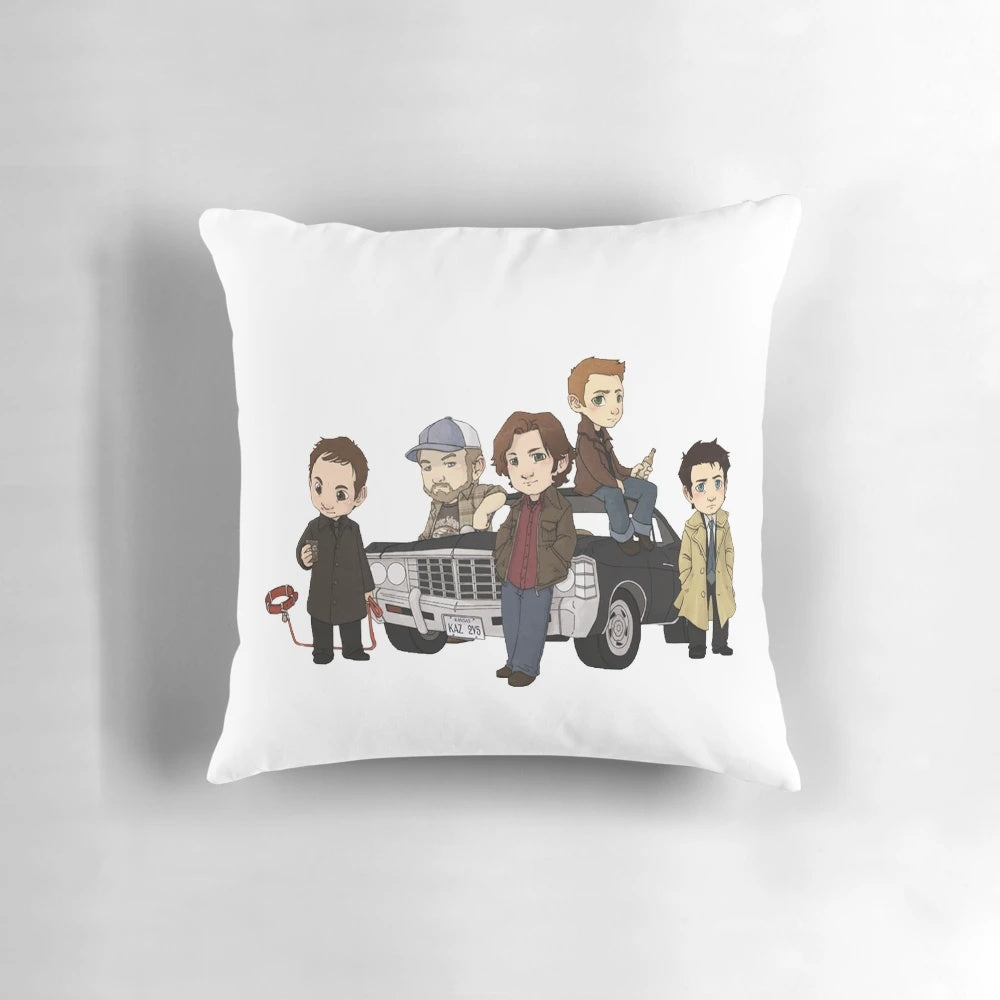 Supernatural-themed cartoon design throw pillow with Winchester brothers and other characters