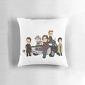 Supernatural-themed cartoon design throw pillow with Winchester brothers and other characters