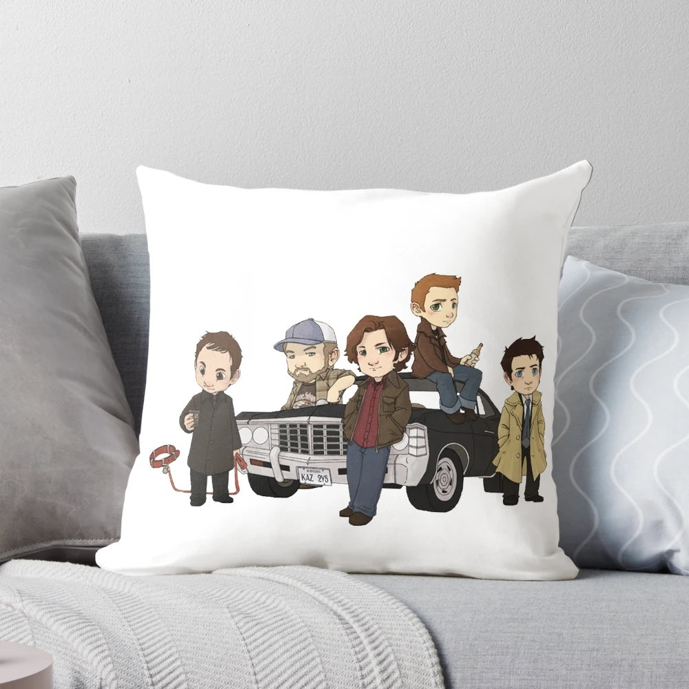 Supernatural-themed cartoon design throw pillow with Winchester brothers and other characters