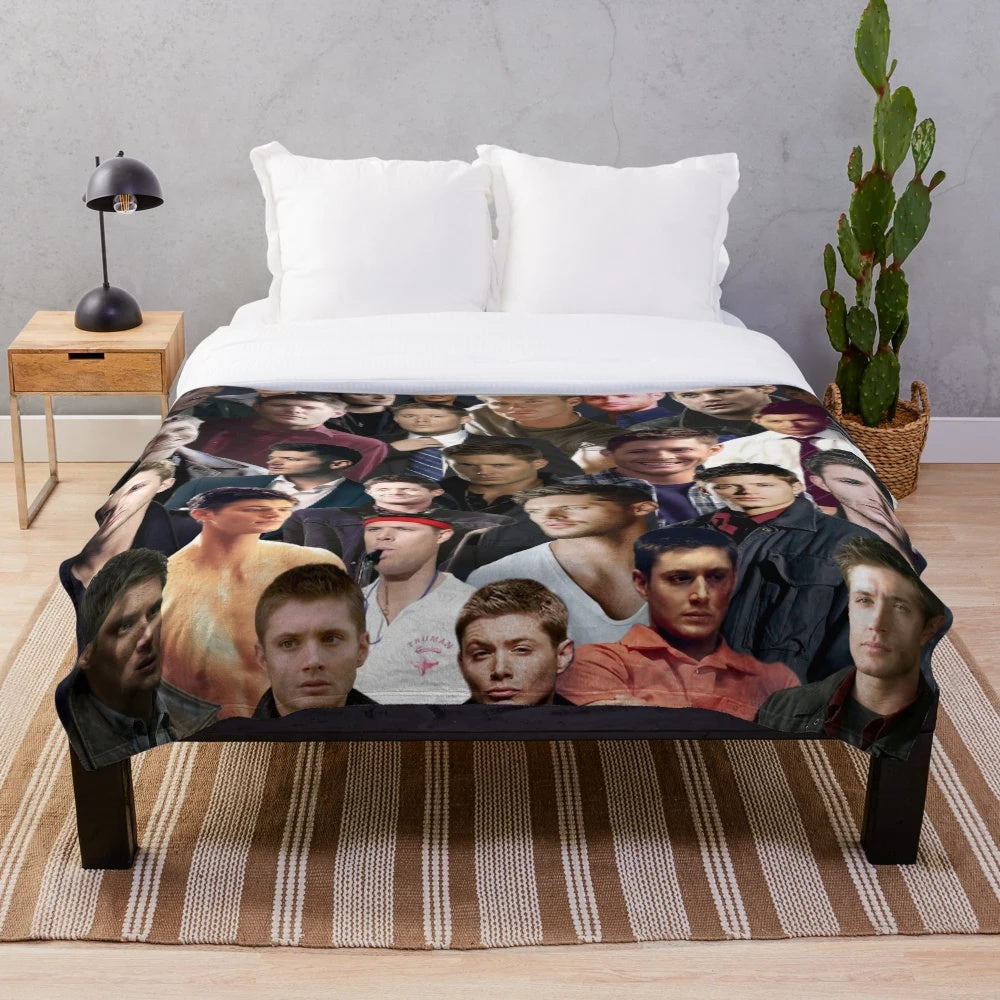 Supernatural-themed collage design plush blanket featuring Dean Winchester, Castiel, and Sam Winchester