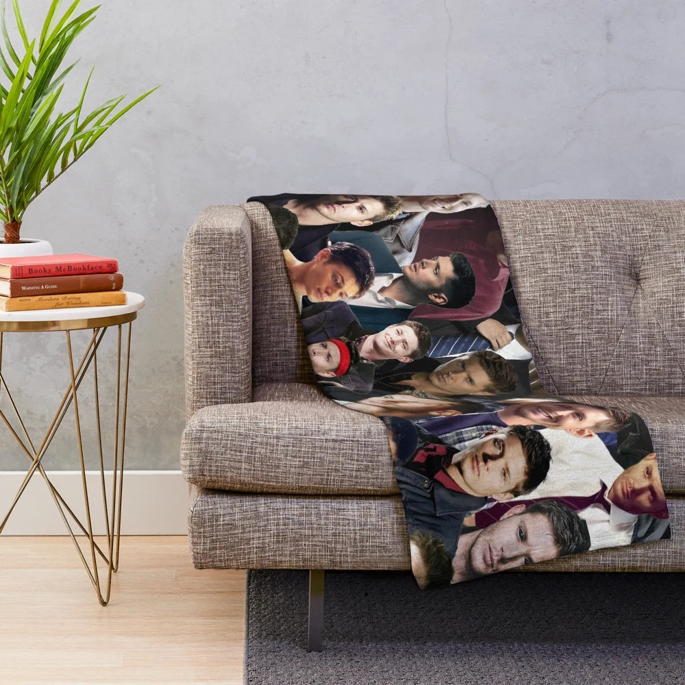 Supernatural-themed collage design plush blanket featuring Dean Winchester, Castiel, and Sam Winchester