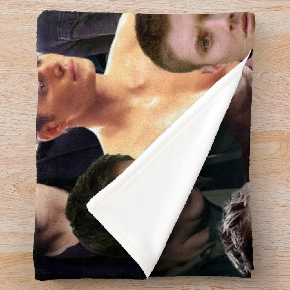 Supernatural-themed collage design plush blanket featuring Dean Winchester, Castiel, and Sam Winchester