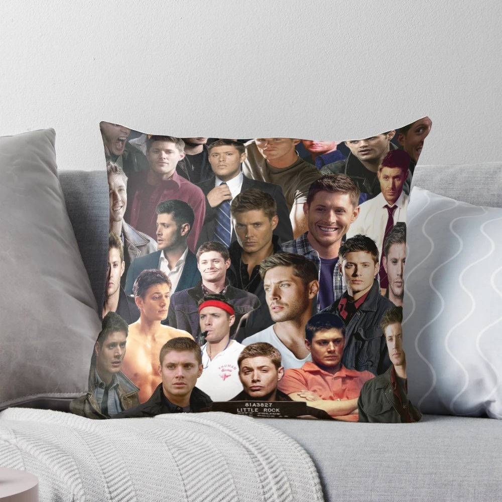 Dean Winchester Collage Pillow, featuring a collage of the Supernatural character