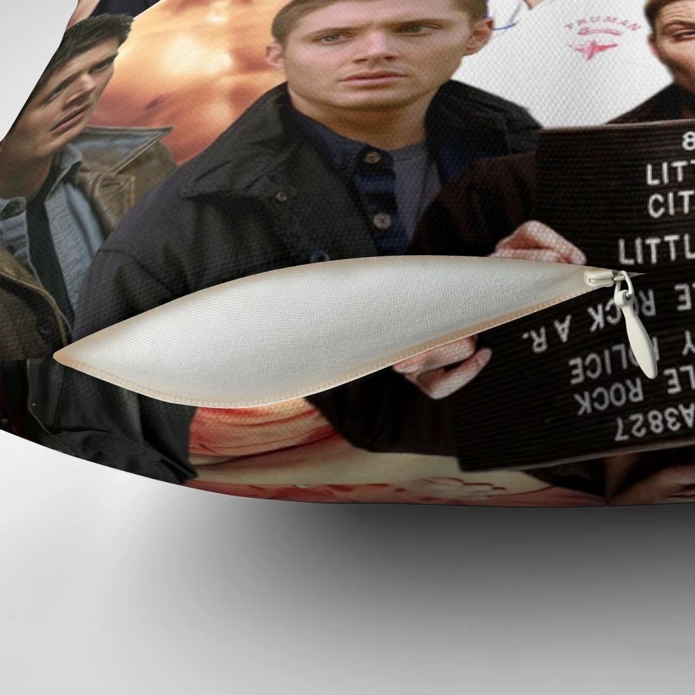Dean Winchester Collage Pillow, featuring a collage of the Supernatural character