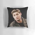 Supernatural-themed pillow featuring Dean Winchester in his iconic leather jacket
