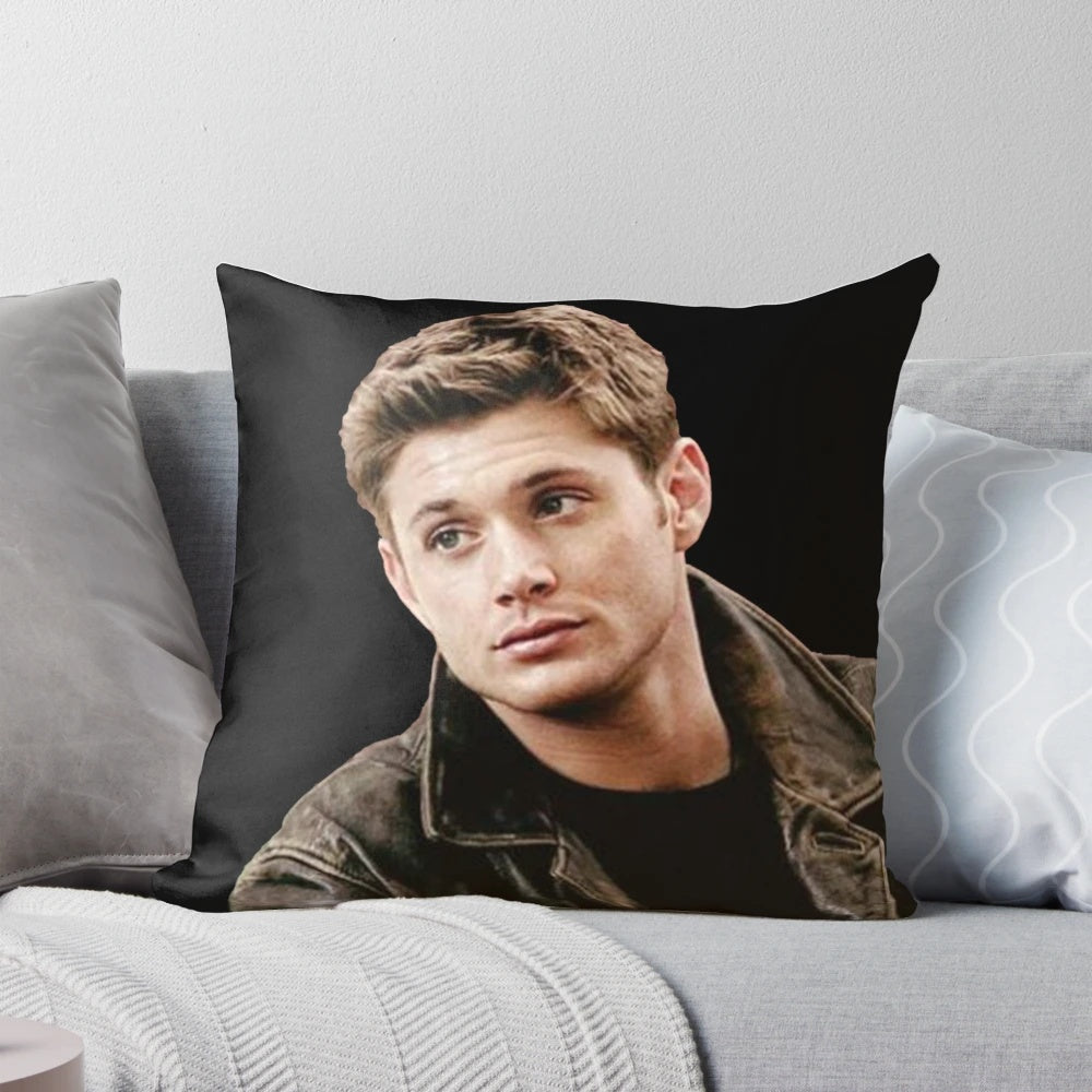 Supernatural-themed pillow featuring Dean Winchester in his iconic leather jacket