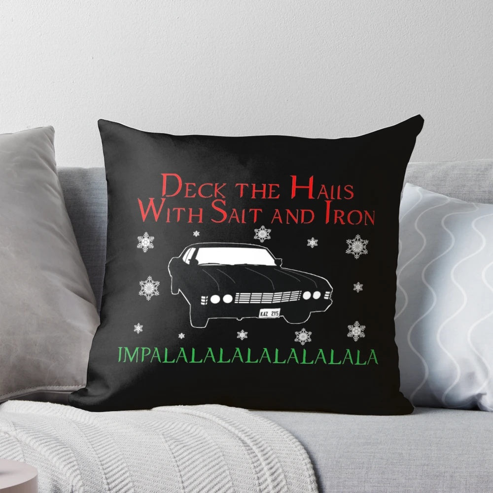 Supernatural-themed Christmas pillow with Impala, Winchester brothers, and Castiel