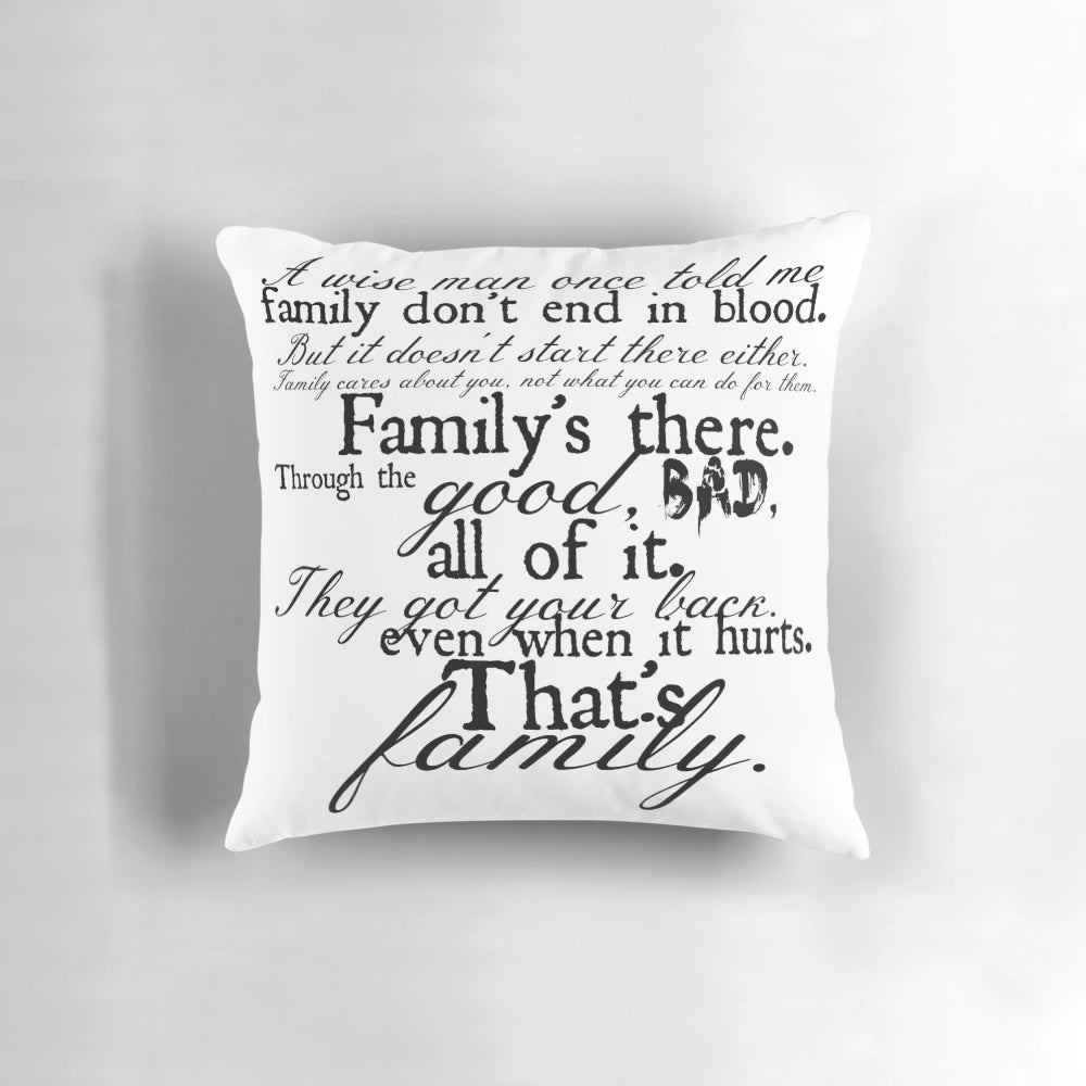 Supernatural inspired decorative pillow with quote "Family Don't End in Blood"