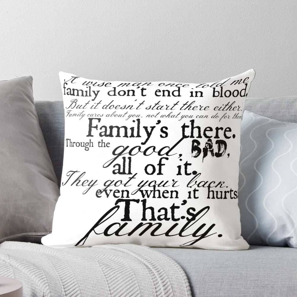 Supernatural inspired decorative pillow with quote "Family Don't End in Blood"