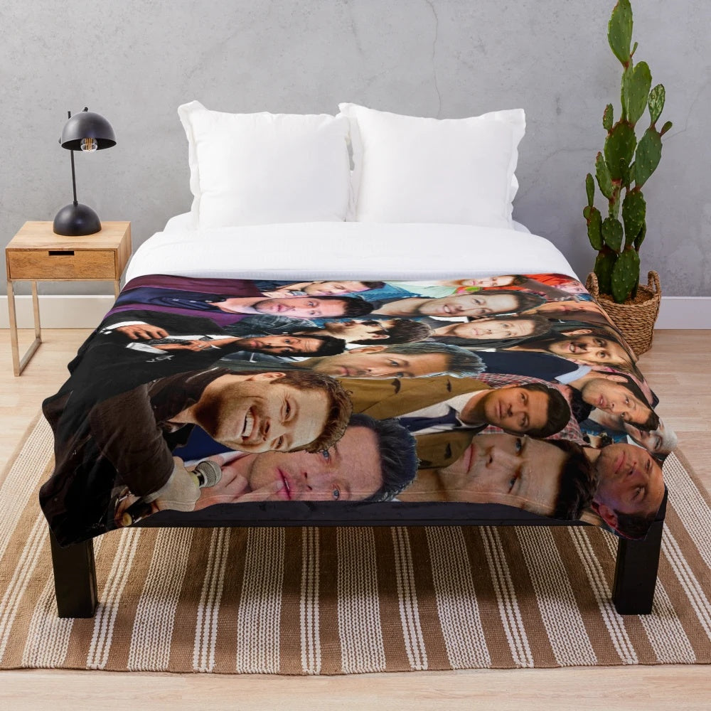 Misha Collins Supernatural-themed plush blanket featuring a photo collage design