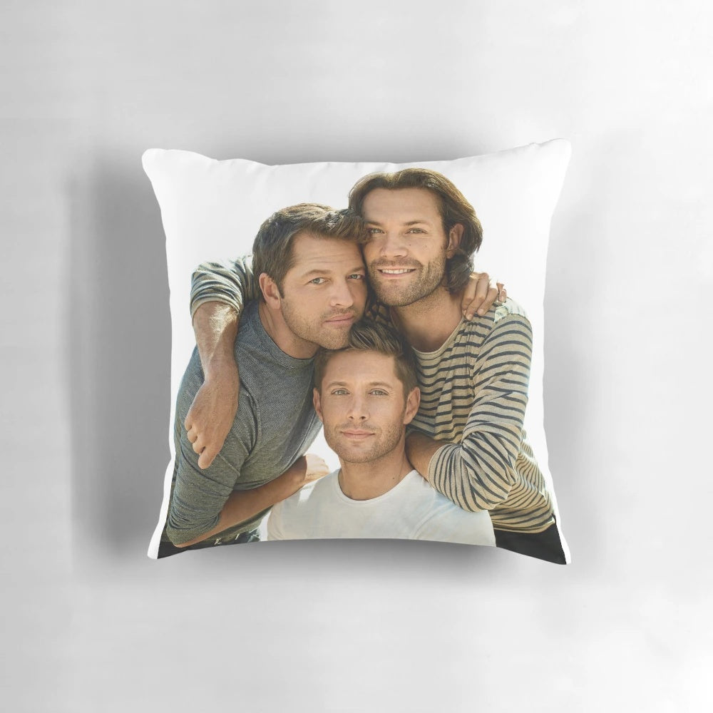 Supernatural-inspired pillow featuring Jared Padalecki, Jensen Ackles, and Misha Collins
