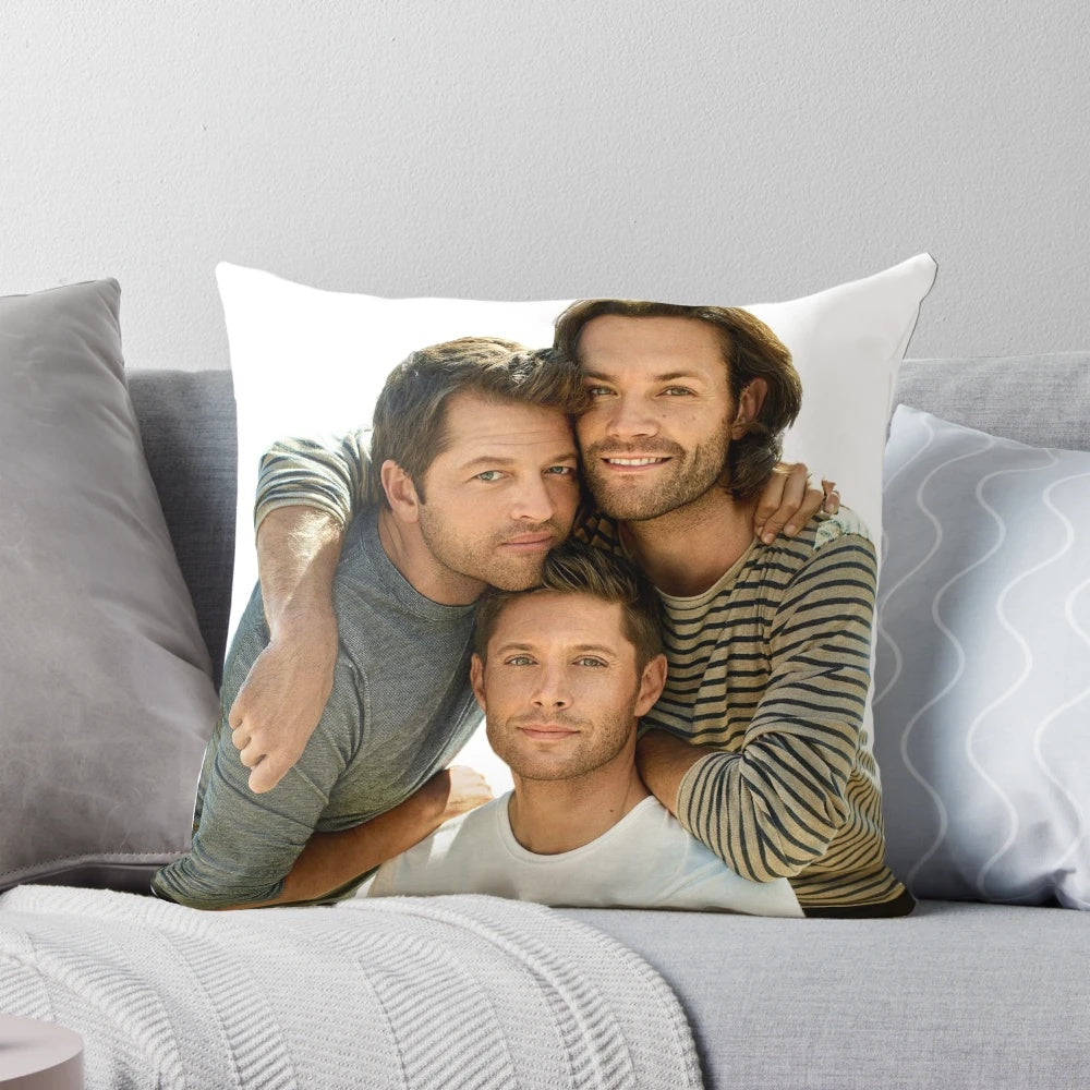 Supernatural-inspired pillow featuring Jared Padalecki, Jensen Ackles, and Misha Collins