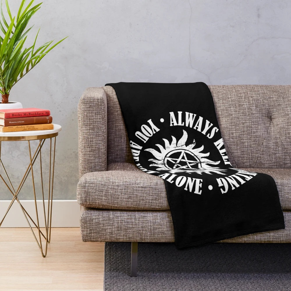 Supernatural-inspired white plush blanket with "Always Keep Fighting" design