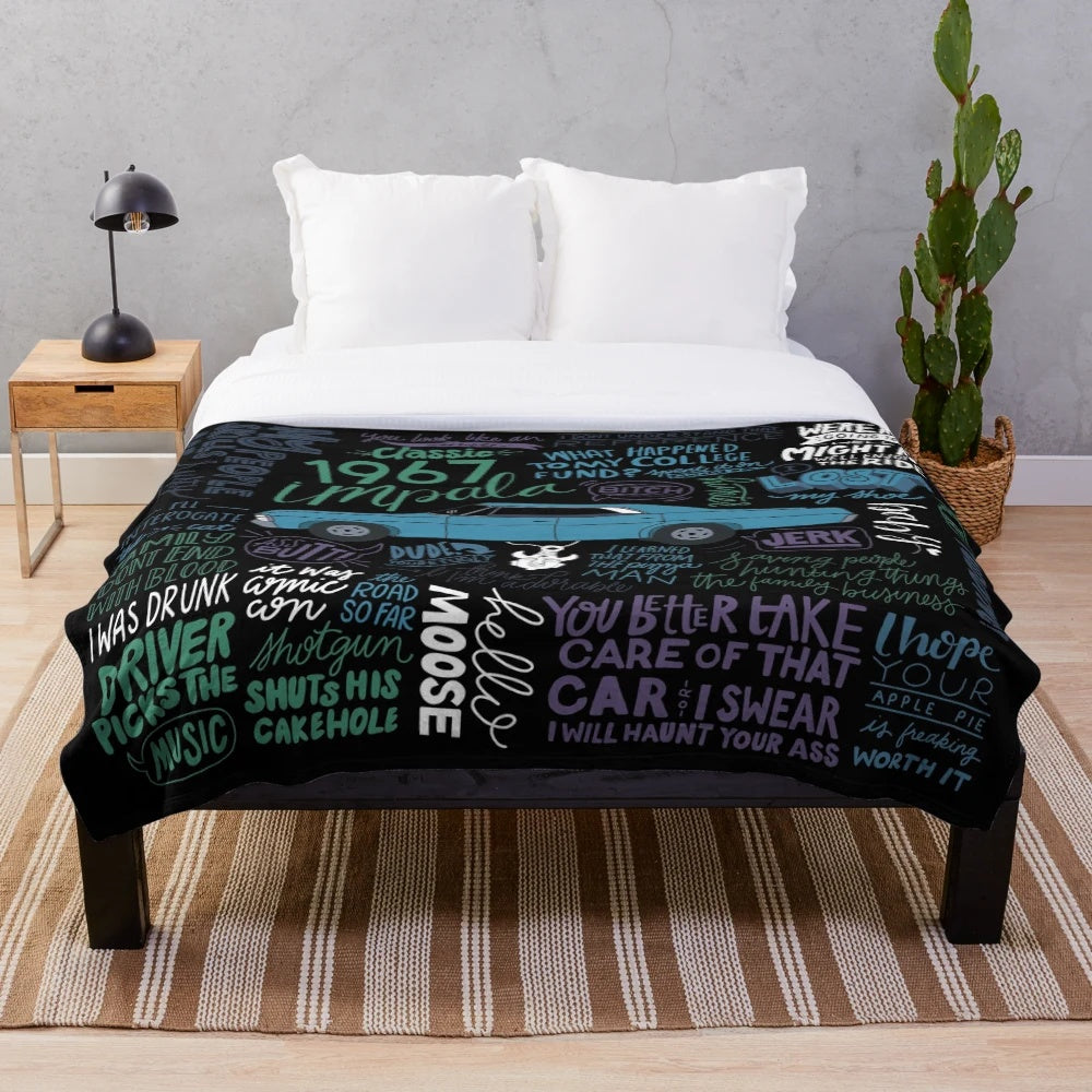 Supernatural-themed plush blanket with show's iconic elements