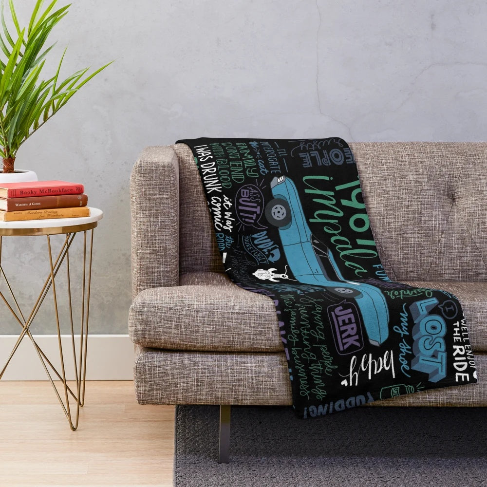 Supernatural-themed plush blanket with show's iconic elements