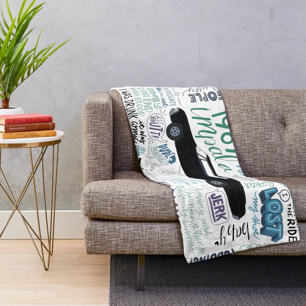 Supernatural-inspired plush blanket featuring the Winchester brothers and their iconic Impala car