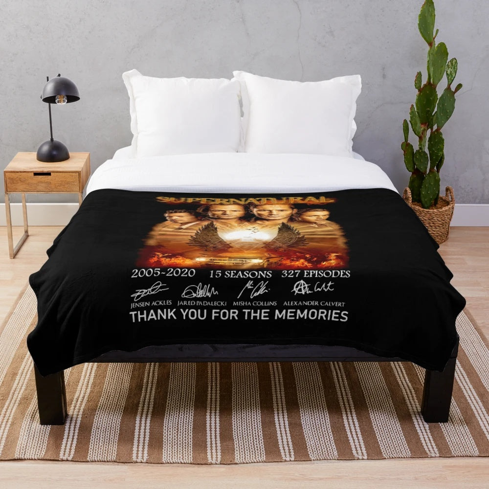 Supernatural themed plush blanket with "Thank You for the Memories" design