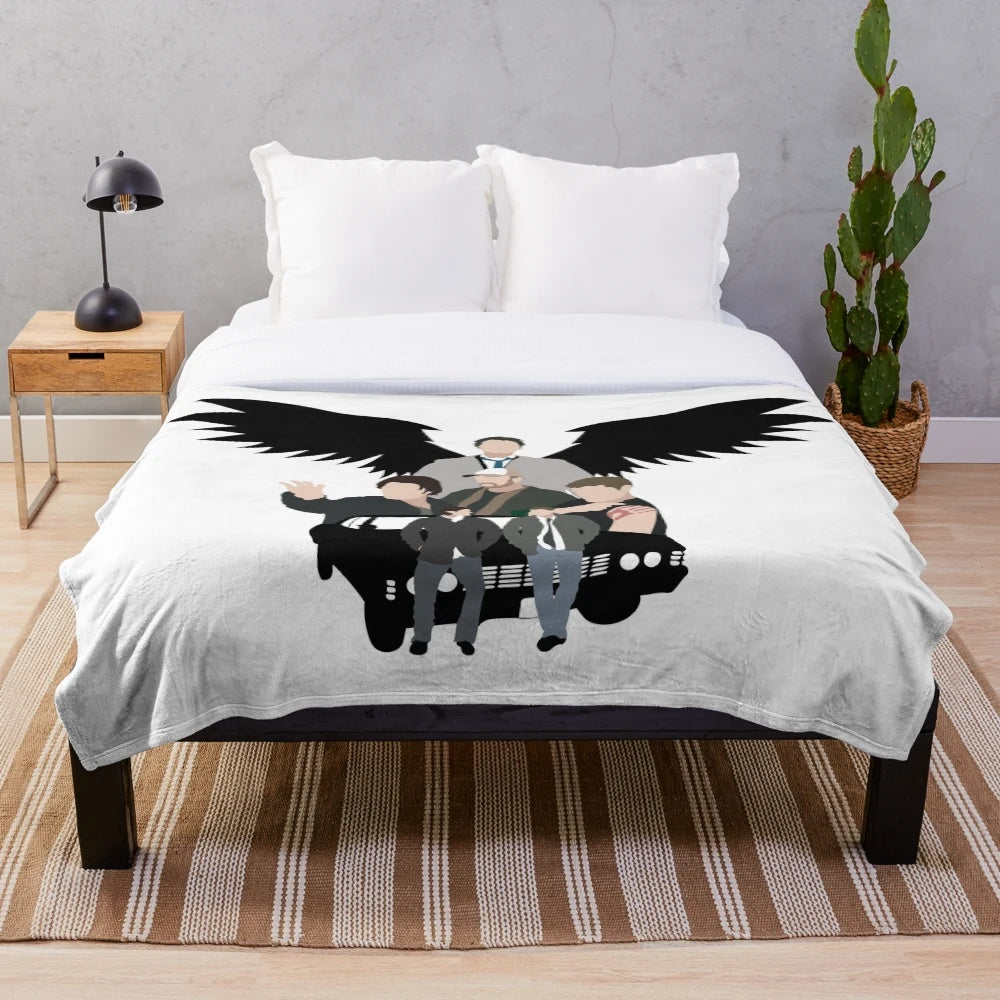 Supernatural-inspired plush blanket featuring a minimalist vector art design of the Winchester brothers