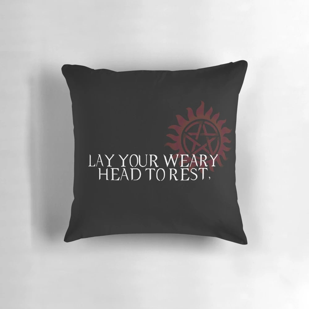 Supernatural-themed decorative pillow featuring anti-possession symbol and dark design
