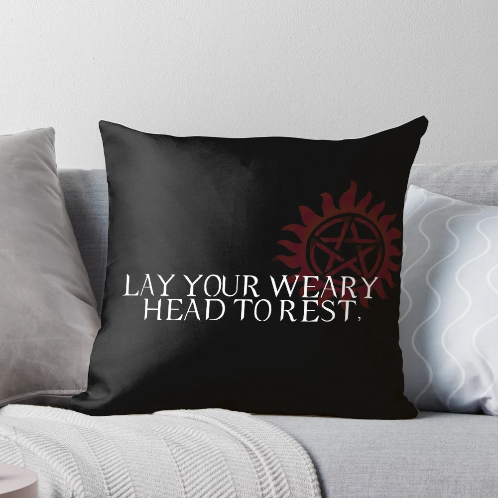 Supernatural-themed decorative pillow featuring anti-possession symbol and dark design