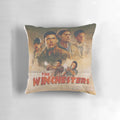 Supernatural-themed decorative pillow featuring the Winchester brothers, Castiel, and Bobby Singer