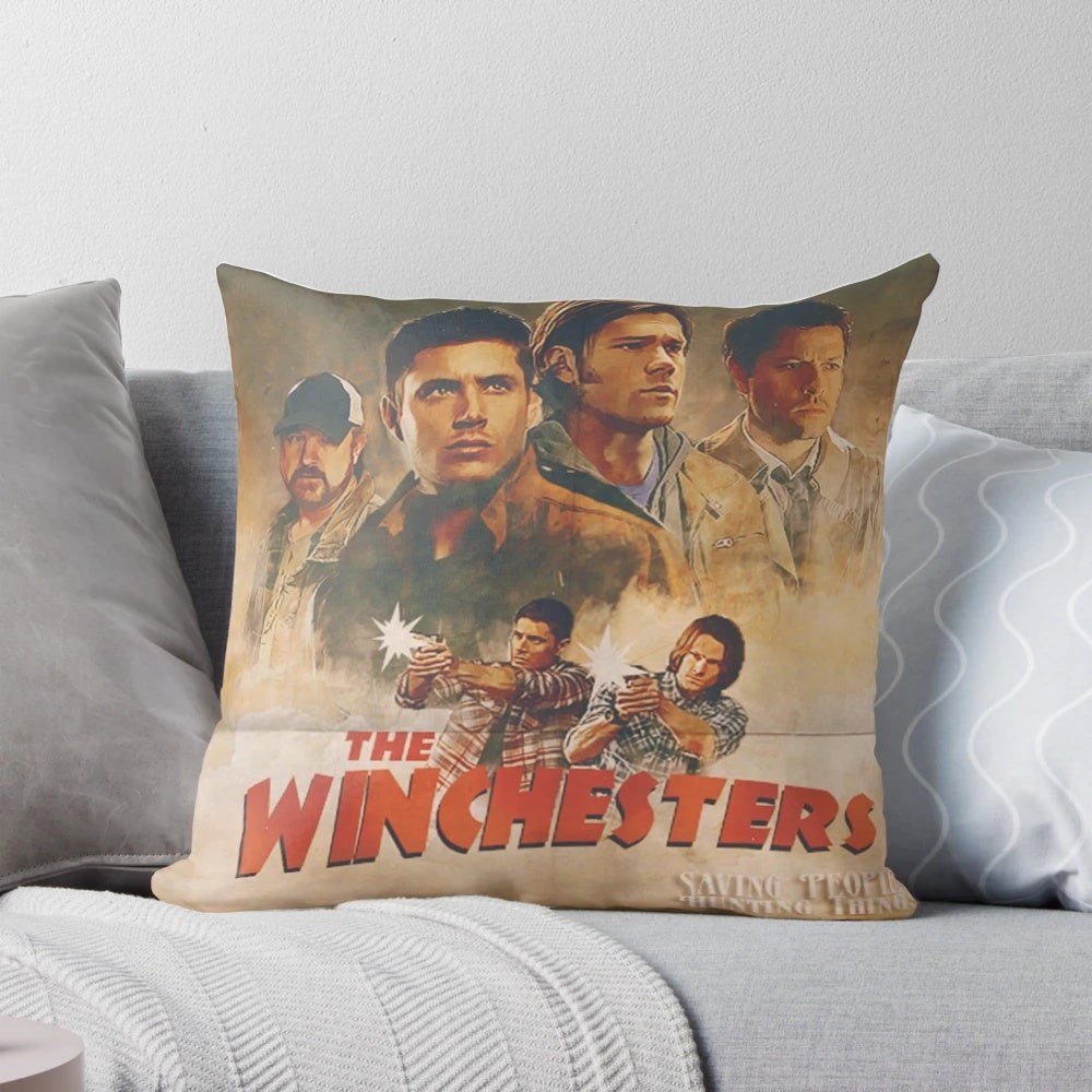 Supernatural-themed decorative pillow featuring the Winchester brothers, Castiel, and Bobby Singer