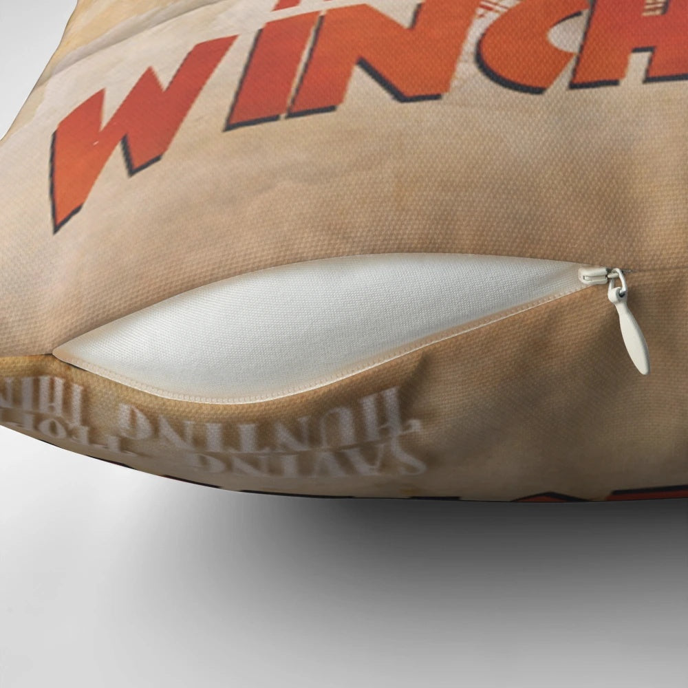 Supernatural-themed decorative pillow featuring the Winchester brothers, Castiel, and Bobby Singer