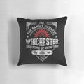 Supernatural-inspired throw pillow featuring the Winchester family and their iconic "Saving people, hunting things" motto