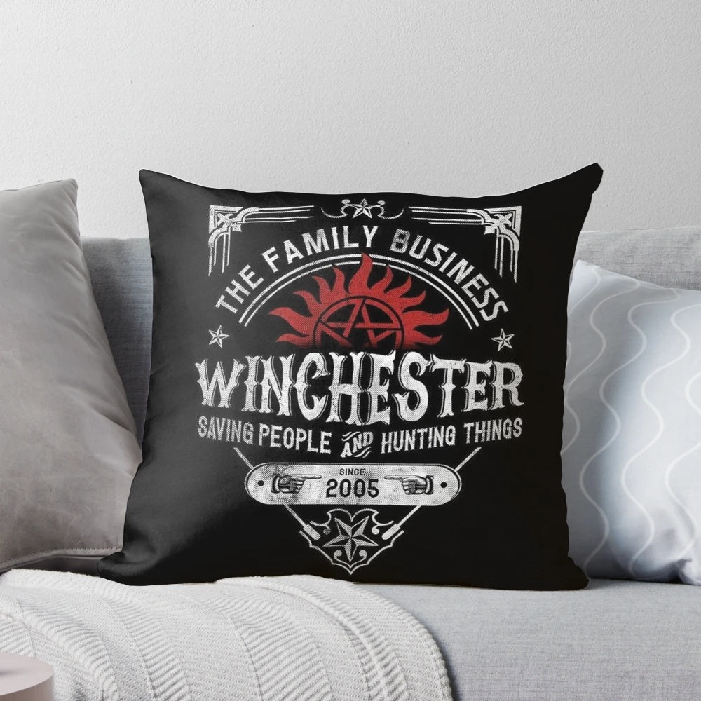 Supernatural-inspired throw pillow featuring the Winchester family and their iconic "Saving people, hunting things" motto
