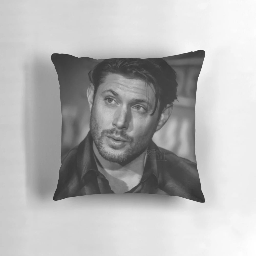 Black and white pillow featuring a portrait of actor Jensen Ackles