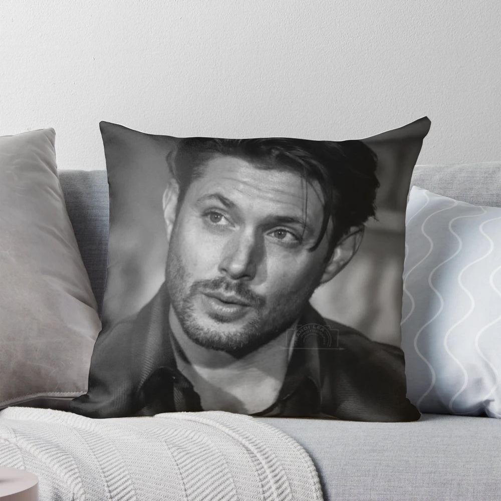 Black and white pillow featuring a portrait of actor Jensen Ackles