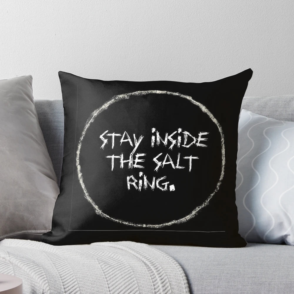 Supernatural-themed decorative pillow featuring the Winchester brothers and other characters
