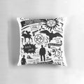 Supernatural themed decorative pillow featuring iconic symbols and characters from the TV series.