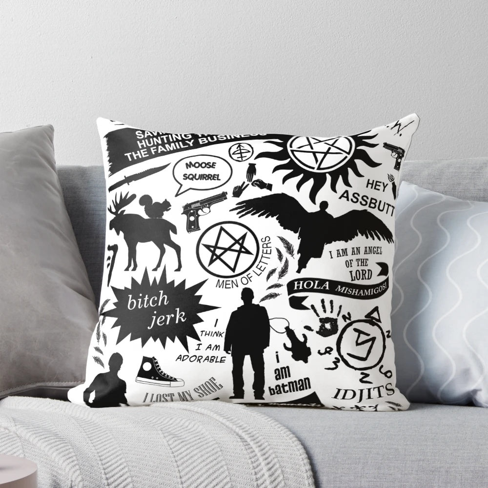 Supernatural themed decorative pillow featuring iconic symbols and characters from the TV series.