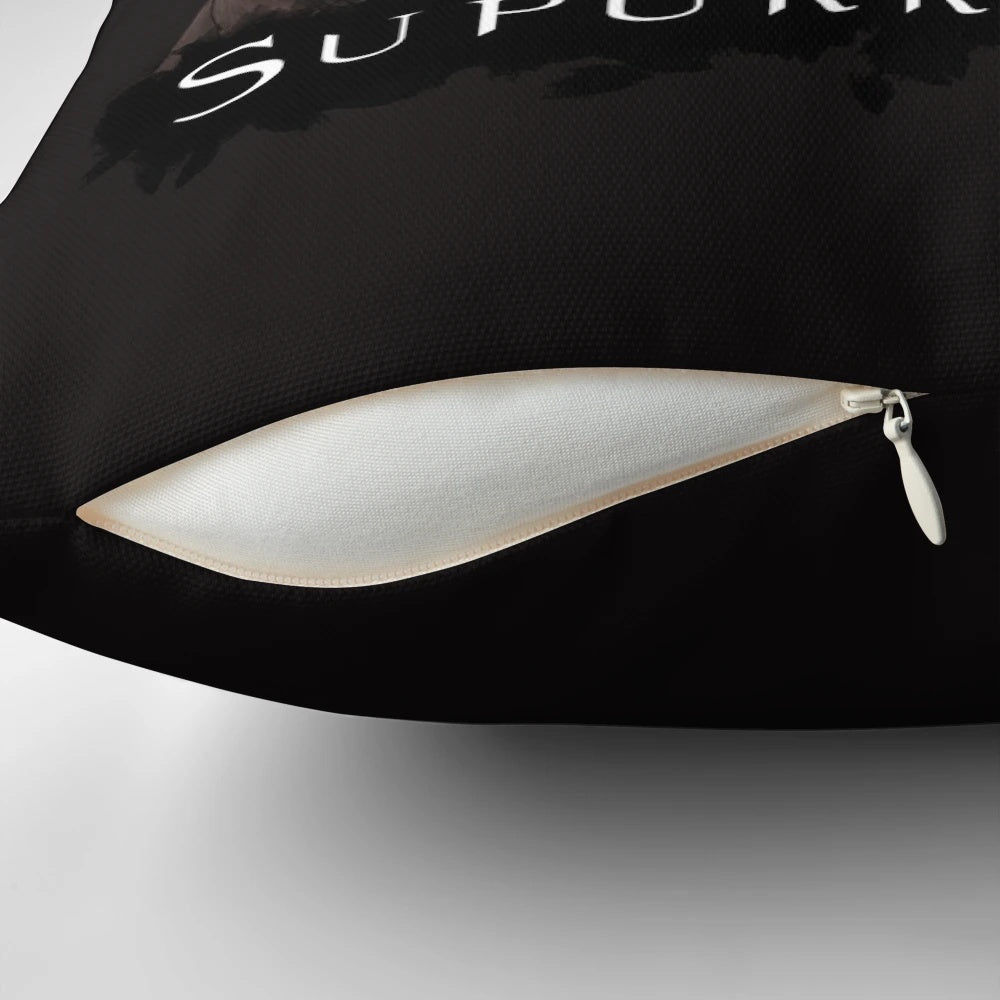Supernatural-themed pillow featuring Sam, Dean, and Castiel with cats