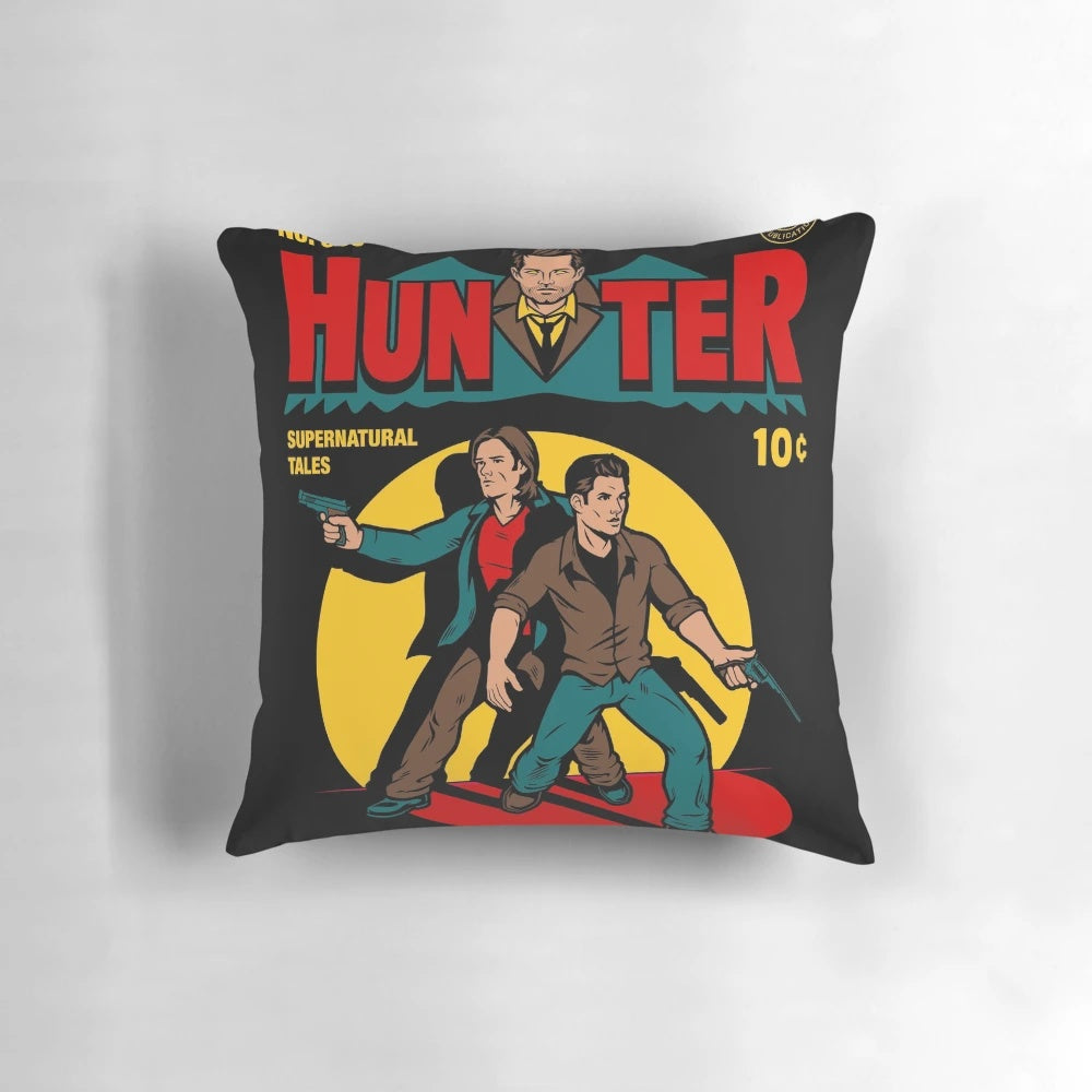 Supernatural-inspired comic book-style hunter pillow featuring the Winchester brothers