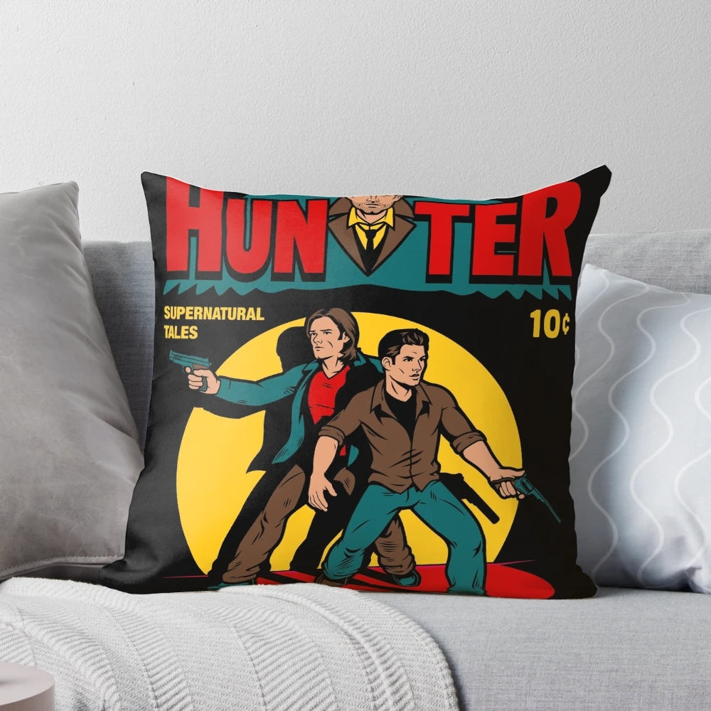Supernatural-inspired comic book-style hunter pillow featuring the Winchester brothers